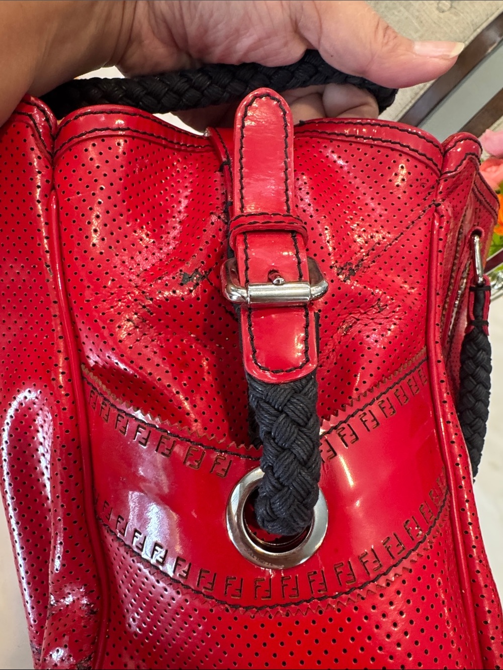 Authentic Fendi Red Patent Satchel with Black Braided Handles - Picture 8 of 17